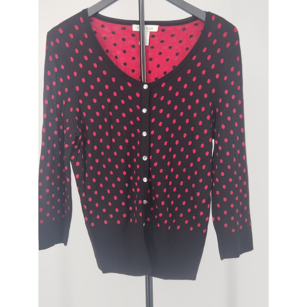 White House Black Market Red Polka Dot Rhinestone Snap Cardigan Large